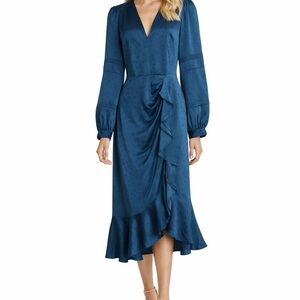 Veronica Beard|Teal Jacquard Midi Dress Size 0|V-Neck Long Sleeve Ruffle|NWOT
